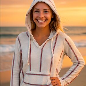 Ocean Drive Baja Hoodie Women’s Small White Striped Pullover Hooded Sweatshirt